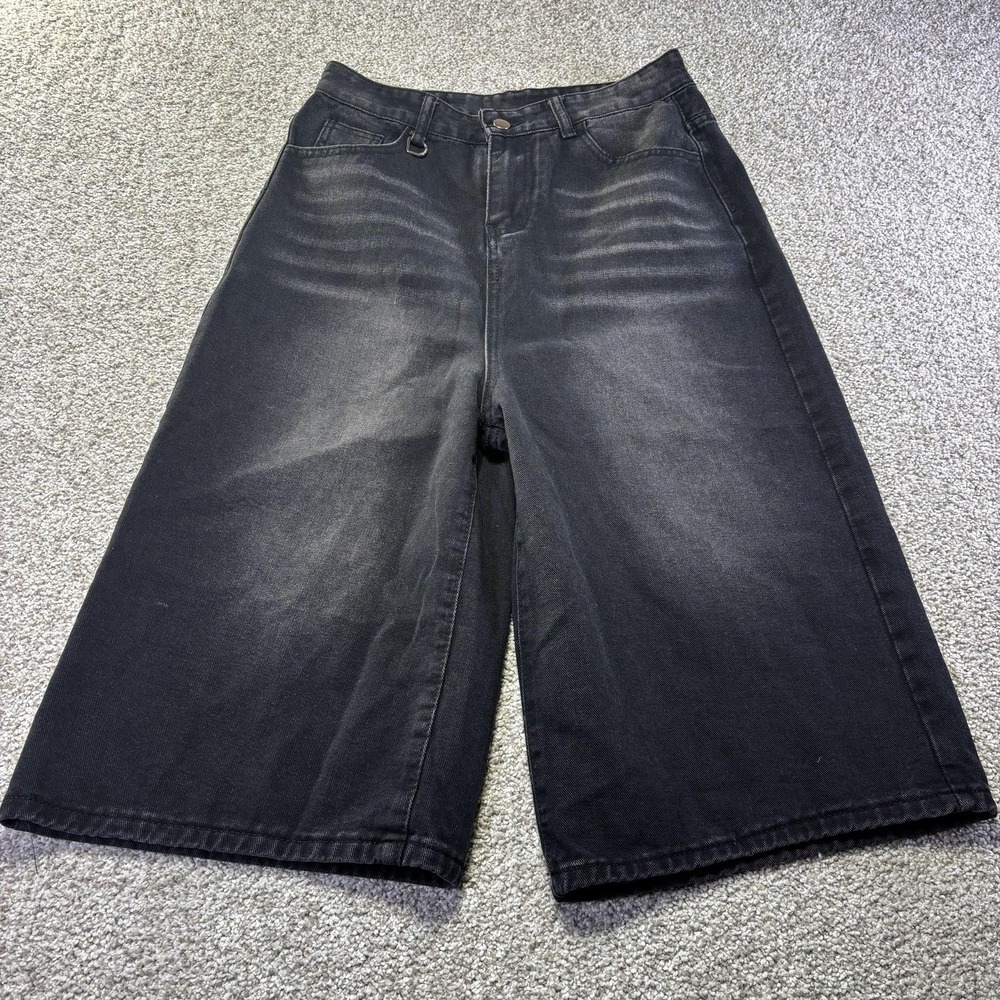 Y2K Baggy Denim Shorts Mens 28 Black Wide Leg Bermuda Goth Emo Skater Streetwear